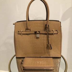 Tan faux crocodile skin tote bag